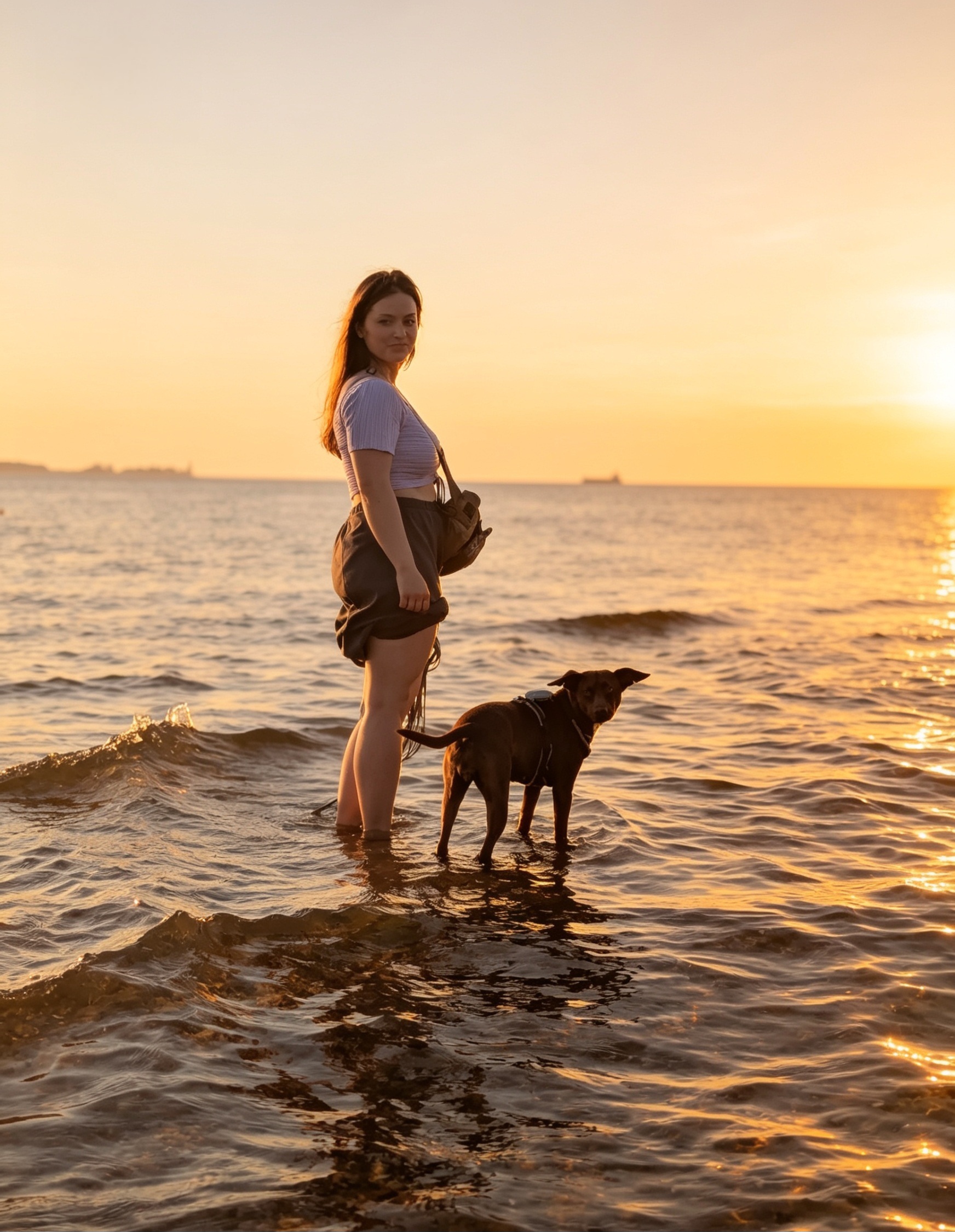 Hundetrainerin und Hund im Meer stehend bei Sonnenuntergang und golden hour