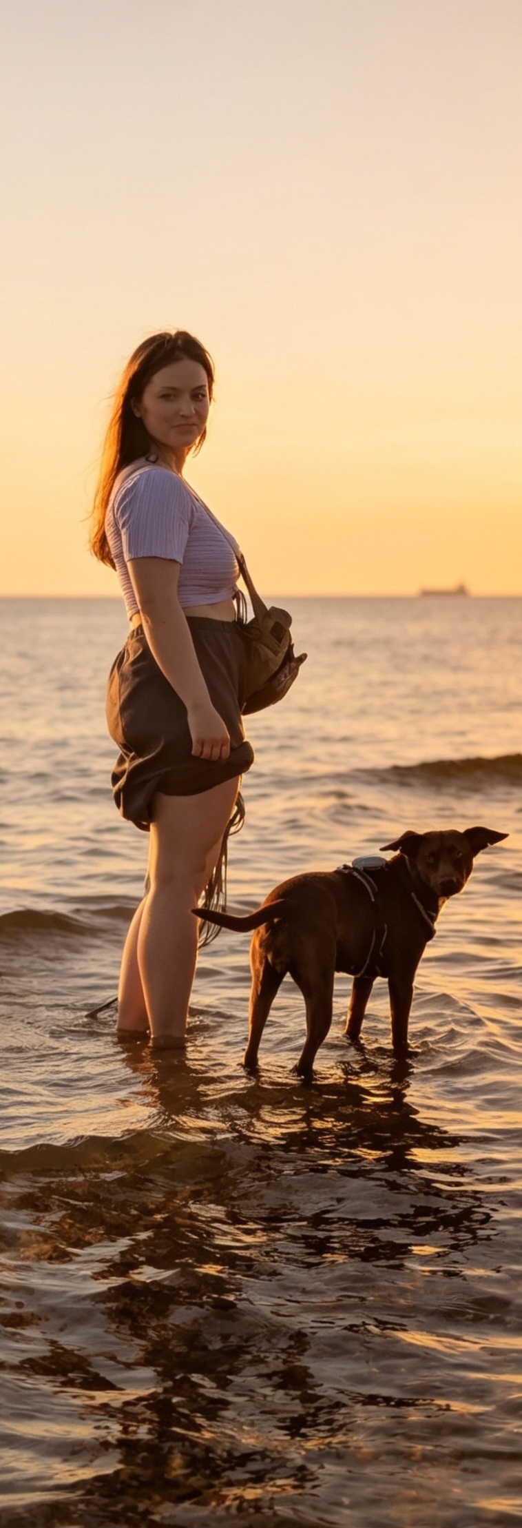 Dog trainer and little dog standing in the ocean at sunset