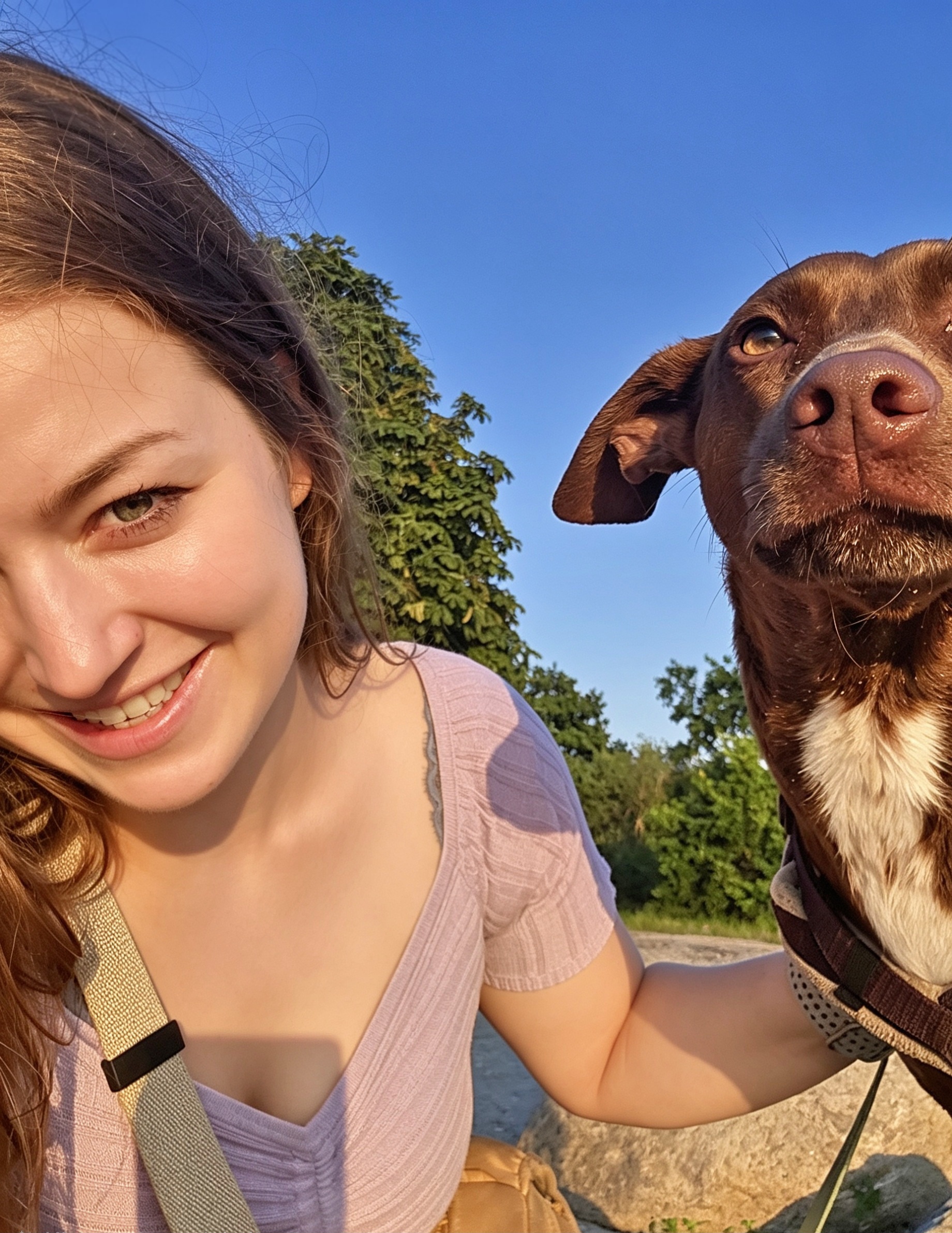 Selfie von Julia und Podenco-Hündin Alma, im Hintergrund strahlend blauer Himmel