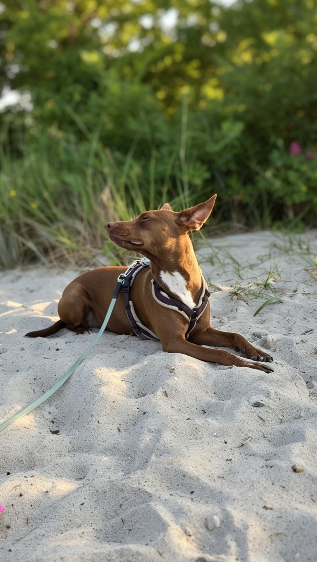 Podenco Hündin liegt im Sand, im Hintergrund sieht man sattes Grün