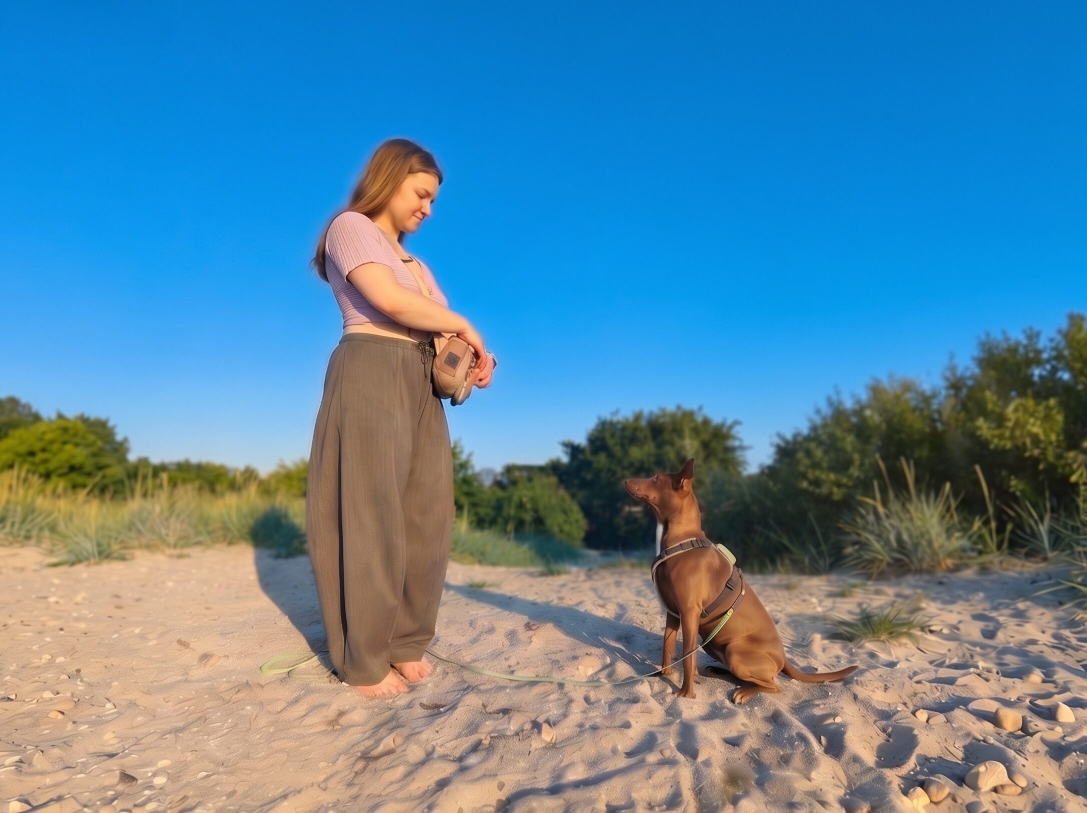 Woman standing and little dog sitting, opposite of each other, on a beach.