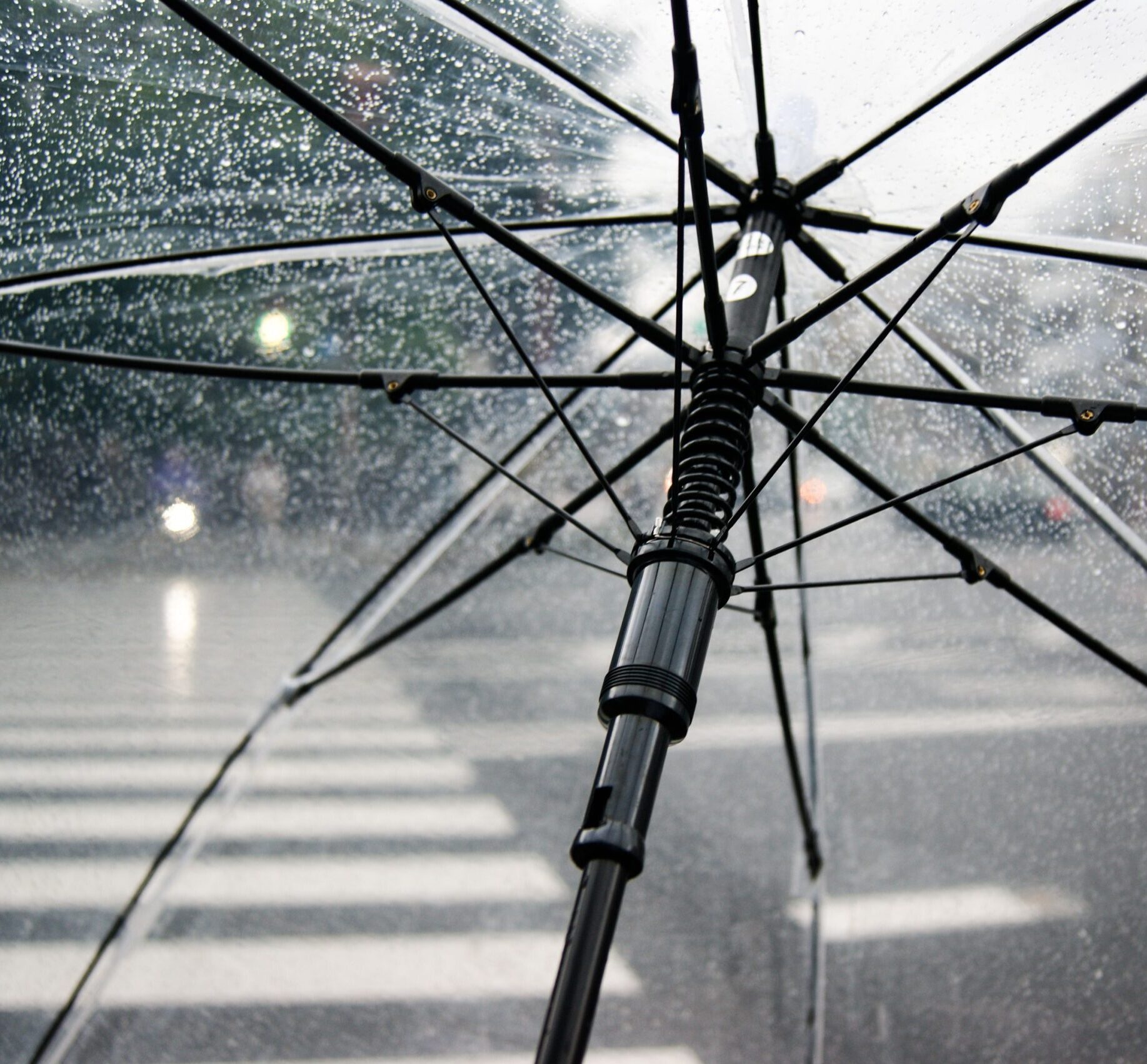 Close-up of a transparent umbrella with raindrops in an urban street setting.